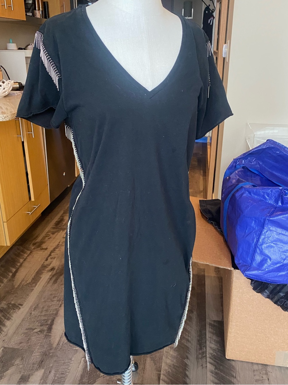AllSaints Black V-Neck Dress with Silver Chain Trim